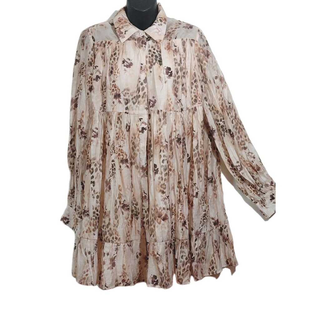 blue b Semi-Sheer Lined Buttons Ruffled Long Sleeve Short Flowy Swing Dress Med